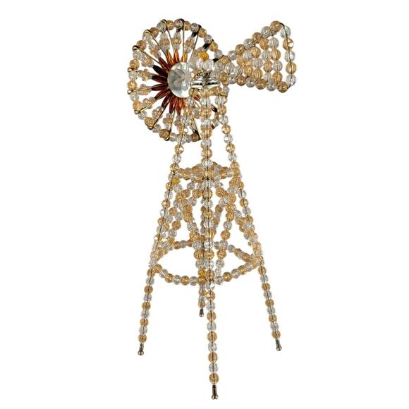 Vintage Beaded Windmill Sculpture Gold Amber Plastic Bead Handmade 13" Farmhouse - Picture 14 of 16